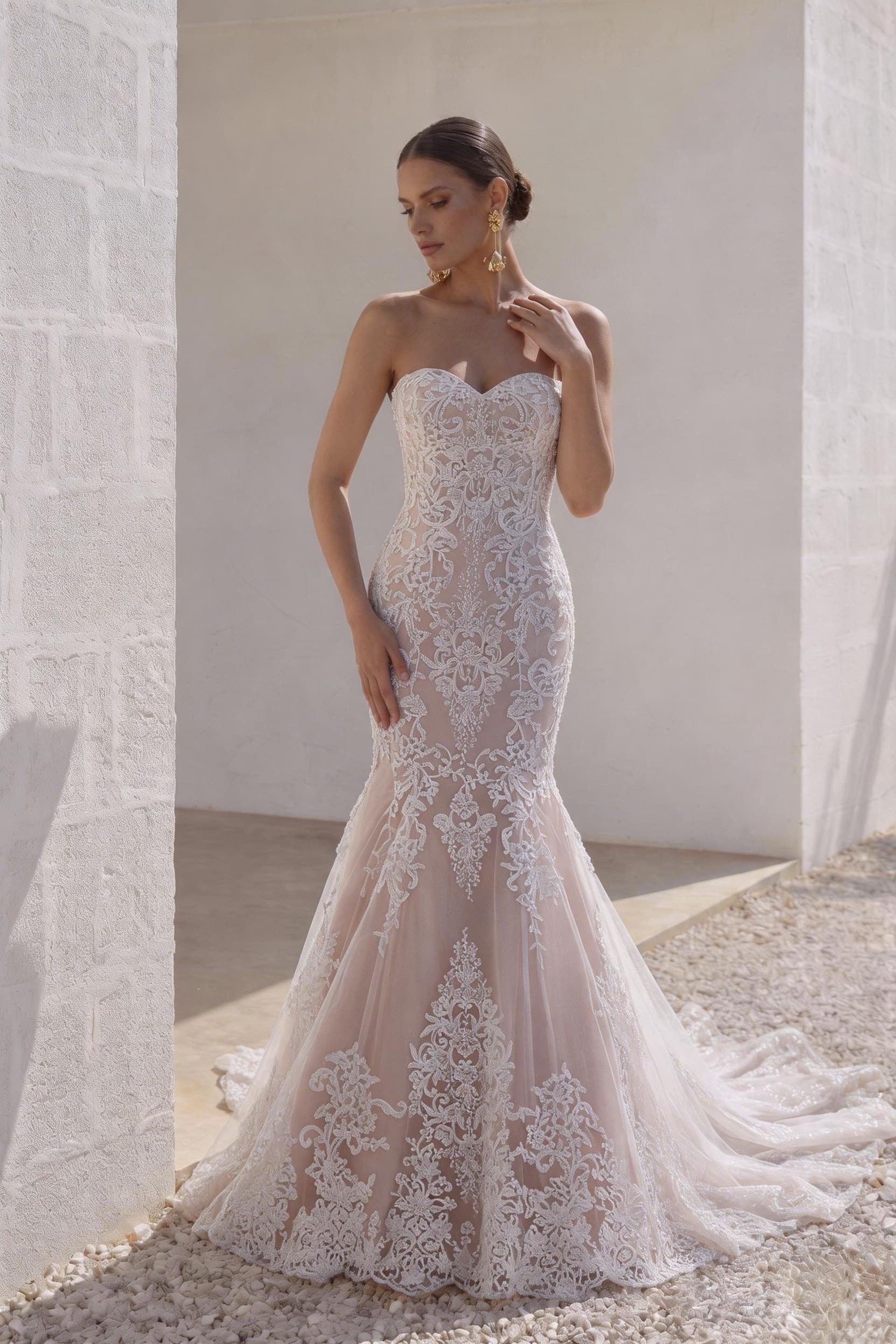 Trumpet-Mermaid Court Train Tulle Lace Wedding Dress LD3906 - 45 Days / As Picture:Ivory/Pearl Pink / US0-UK2-EUR30 - COCOMELODY